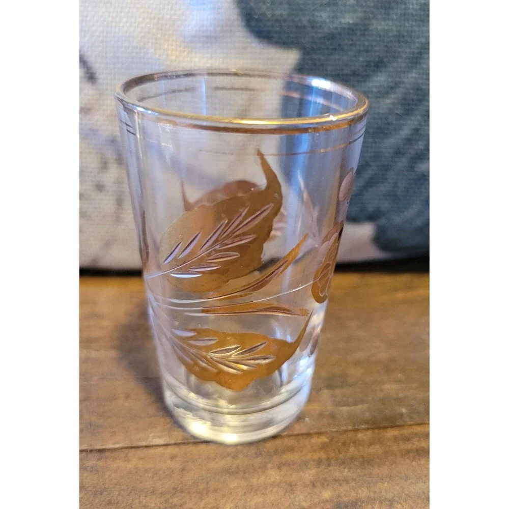 Mid Century Modern Liqueur Glasses Clear with Gold Flower & Leaves - Set of Four
